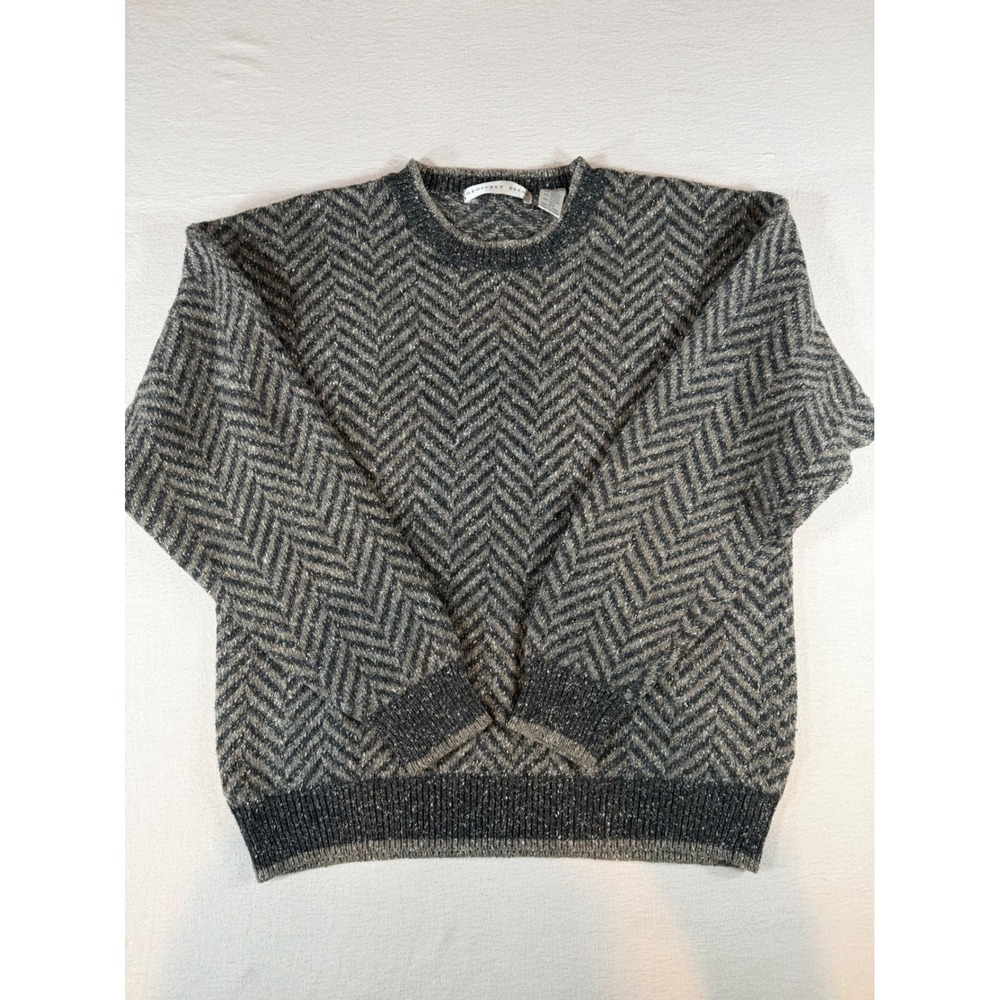 Geoffrey Beene Mens Grey Herringbone Wool Blend Crewneck Sweater Large